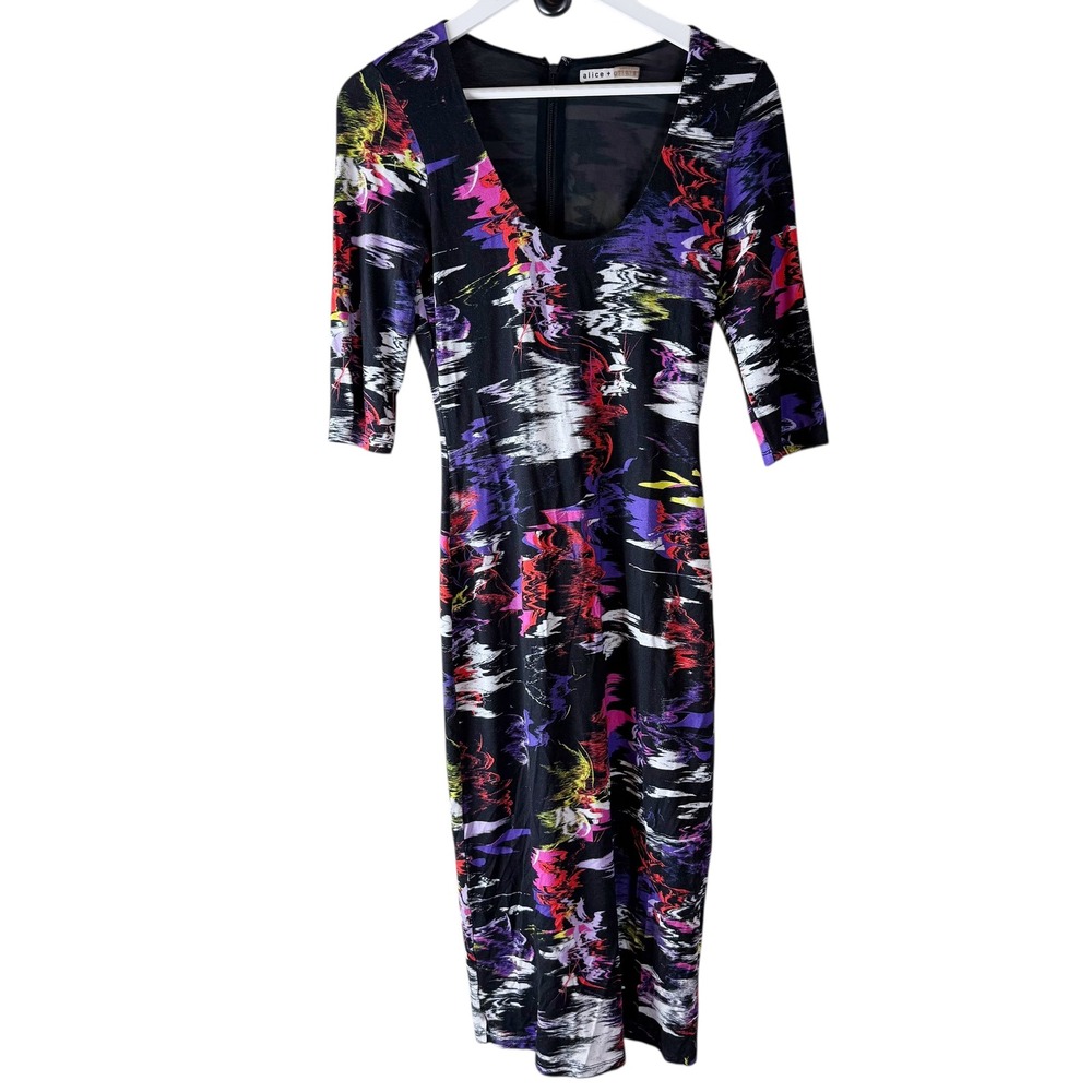 Alice + Olivia Women's Black Multi Abstract Print Midi Dress Sz 4